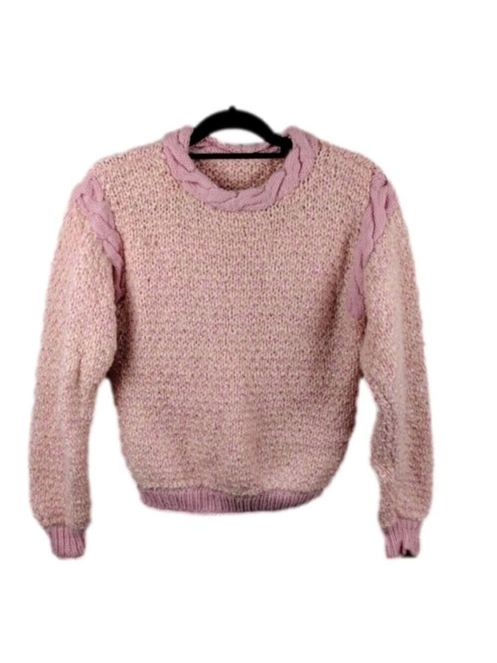 Pink Crew Neck Long Sleeve Pullover Handmade Heavy Cable Knit Sweater Top
